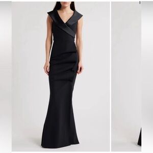 ✨NEW✨Chiara Boni Fiy Satin Trim Mermaid Gown Maxi Dress in Nero Black Size 4